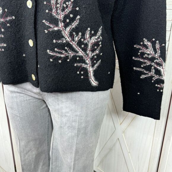 Frost Hand Knit Iced Tree Branches Beaded Wool Cardigan Sweater Black Large - Picture 6 of 11